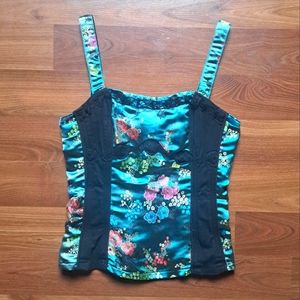 Tripp Rare Vintage Bustier Top Teal Oriental Print Satin Medium